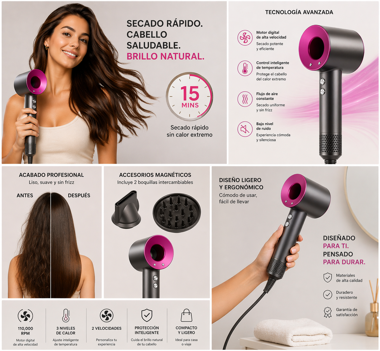 Secador iónico tipo dyson + dos cabezales(GRATIS)-Edición Limitada