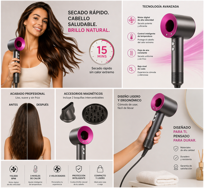 Secador iónico tipo dyson + dos cabezales(GRATIS)-Edición Limitada